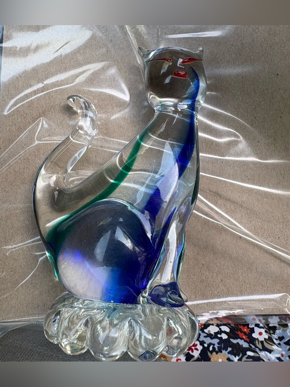 VTG MURANO ART GLASS SOMMERSO SITTING CAT FIGURINE BLUE GREEN CLEAR